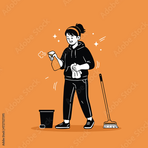 Illustration of a person cleaning with a spray bottle broom and trash can against an orange background