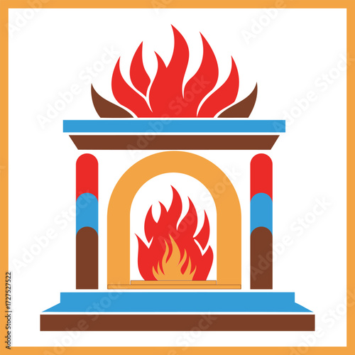 Stylized fireplace with flames and colorful accents on white background hearth warmth