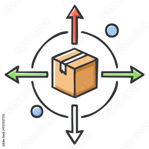 Delivery box with outgoing arrows illustrates distribution shipping concept