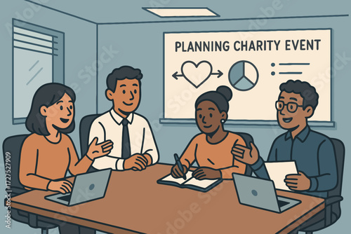 Diverse team collaborating on planning a charity event in a modern meeting room