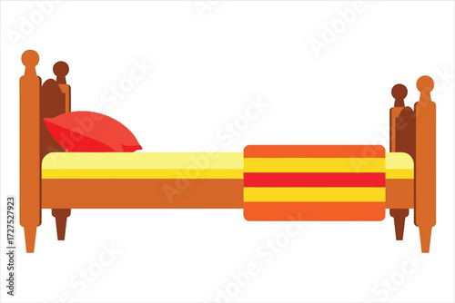 Vector art of bed with orange frame, yellow mattress, red pillow, and orange, yellow, and red striped blanket, perfect for a good nights sleep