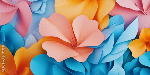 Pastel paper flowers and leaves background with a soft and dreamy aesthetic