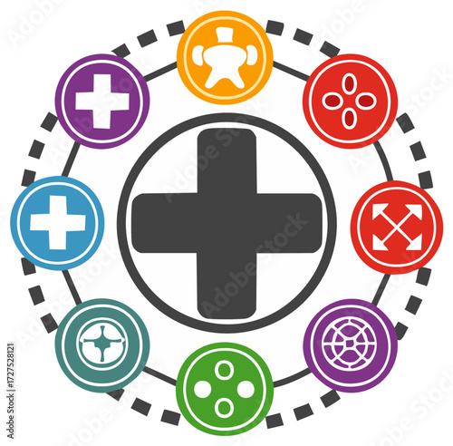 Colorful video game interface icon set with controller buttons and player symbols