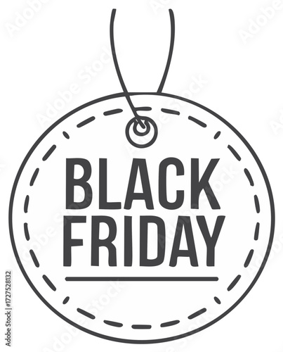 Black Friday sales event tag with dashed line border and hanging string simple illustration