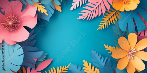 Colorful paper flowers and leaves frame on blue background with copy space in center