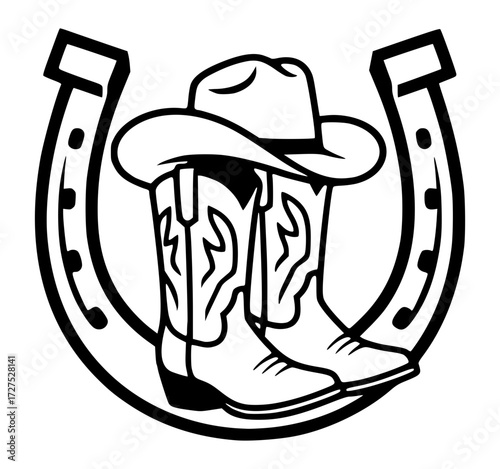 Cowboy boots and hat framed by a large horseshoe, western, rodeo, luck, country, gear