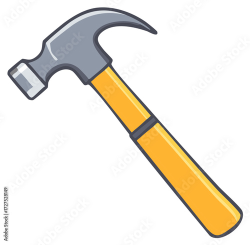 Illustration of a hammer with yellow wooden handle and metal head for construction works