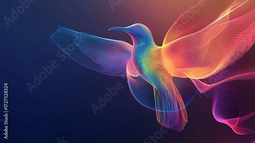 Abstract hummingbird with colorful lines and waves on a dark blue background