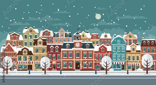 A charming winter village scene unfolds with colorful buildings dusted in snow, under a twilight sky with falling snowflakes and a distant moon