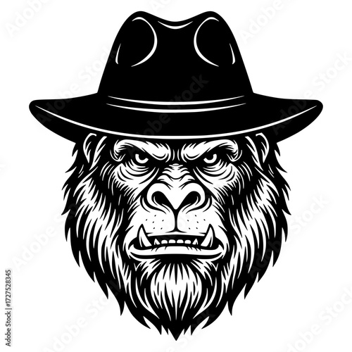 Aggressive gorilla head wearing a fedora hat, gangster, mobster, ape, mascot, cool
