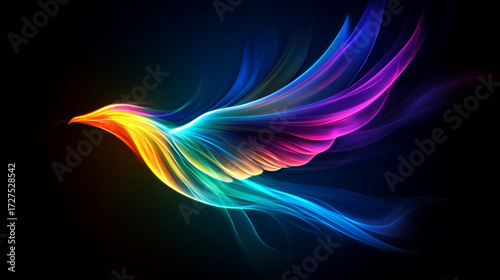 A colorful phoenix in flight, a digital art piece on a black background