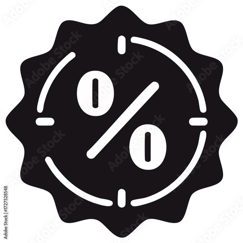 Discount sale price tag emblem featuring a percentage sign and circular targeting element.