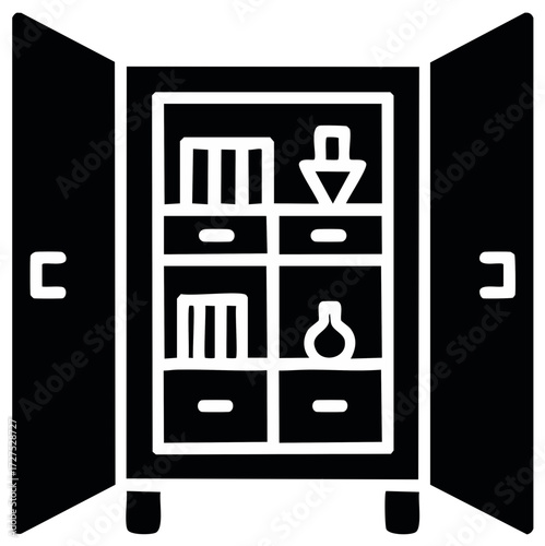Open cabinet with shelves and drawers displaying various items for storage and organization concept icon