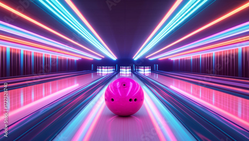 Bowling alley with neon lights and a pink bowling ball in the foreground