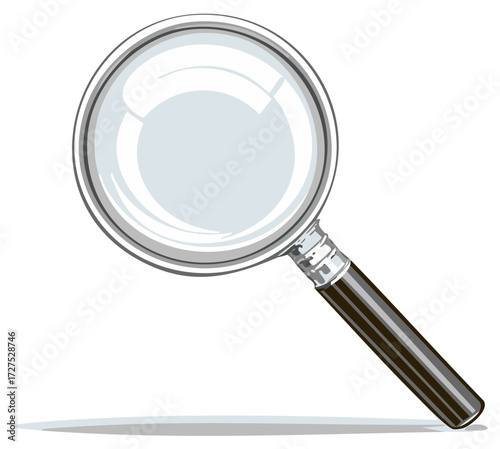 Illustration of a magnifying glass with a dark handle and light frame for investigation or search concepts