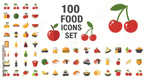 A vibrant collection of 100 diverse food icons, featuring fresh fruits, delicious meals, and refreshing beverages, presented in a clean, modern flat design style