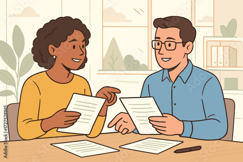 Diverse couple discussing documents and paperwork at a table in a home office setting