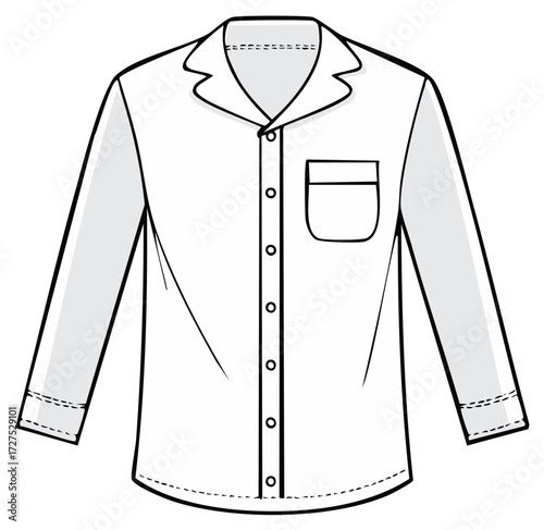 Vector illustration of a white button down pajama shirt with a pocket.