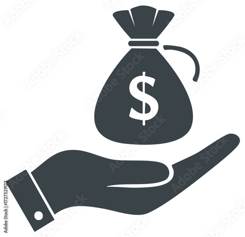 Money bag with dollar sign on open hand, receiving finance, investment and payment concept