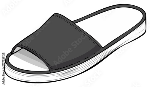 Modern dark grey single strap slide sandal with white sole, isolated on white background, top view illustration