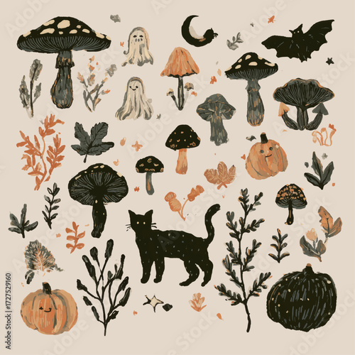 Photography Vector set of halloween mushrooms branches bats cats leaves flowers pumpkins ghosts sweets and creepy nature isolated on cream background