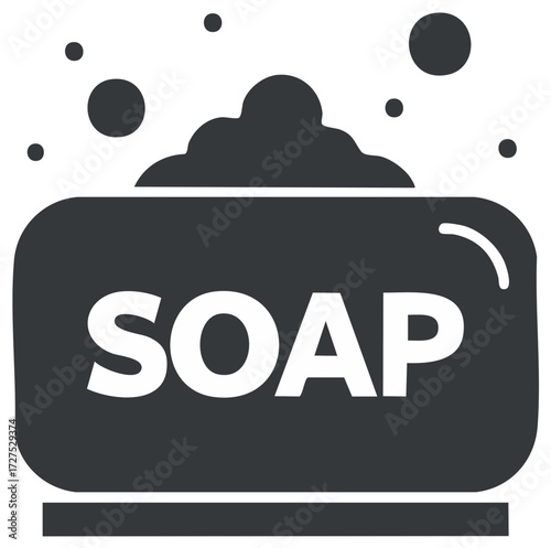 Simple black and white vector icon of a bar of soap with lather and bubbles for hygiene and cleaning