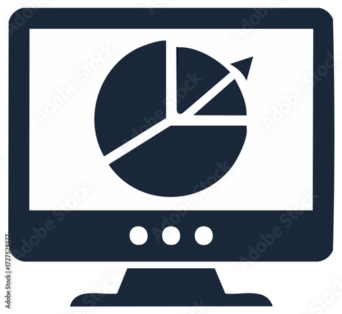 Computer monitor displaying a pie chart with data segments and an arrow pointer