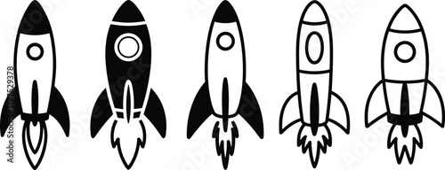 Rocket icon illustrations, space launch, propulsion design, black and white, stylized vector, flame detail, futuristic theme, graphic symbol, tech motion, exploration