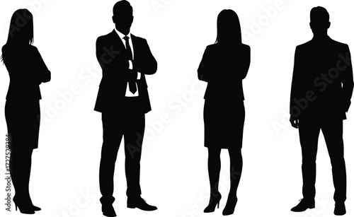 Business silhouettes, professional people, male female figures, corporate team, office workers, standing posture, diversity concept, group illustration, vector design, body language