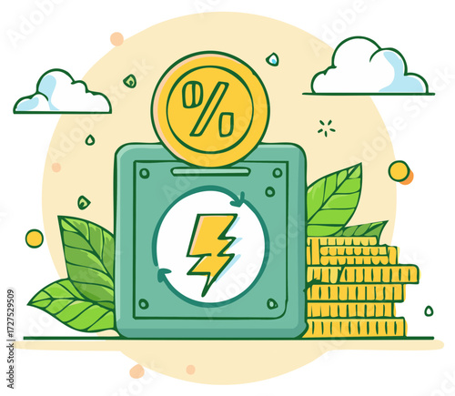 Financial System Energy Flow: Percentage Coin in a Green Power Saving Box with Leafy Decorations and Cloud Elements