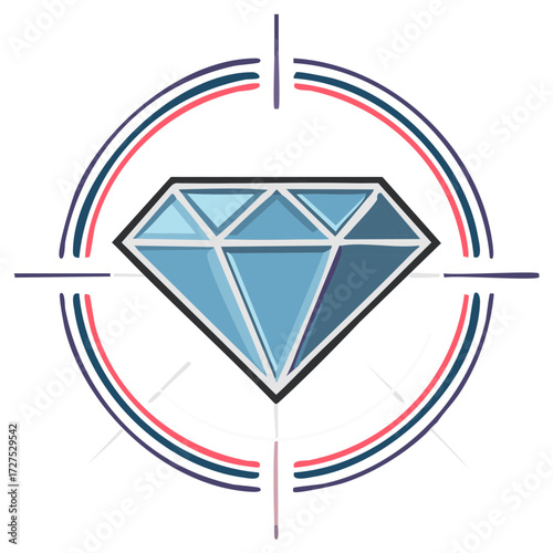 Hand drawn diamond gem icon centered in a colorful target scope or compass logo illustration