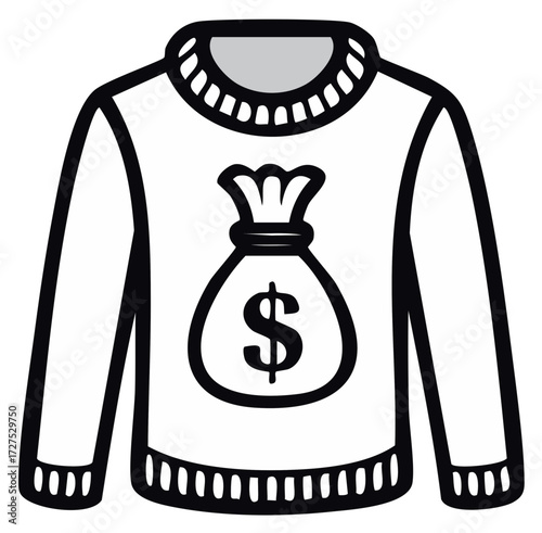 Illustrated sweater with money bag and dollar sign symbol in bold outline style