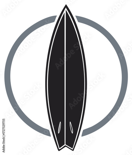 Surfboard Emblem Simple Black and White Graphic Vector Design for Extreme Water Sport Surfing and Beach Activities