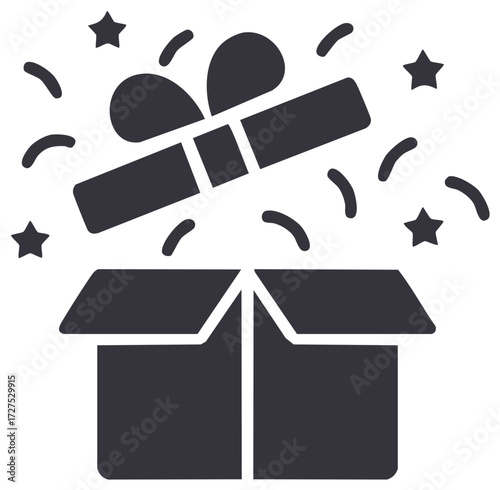 Gift Box Opening with Surprise Present and Festive Confetti and Stars Icon