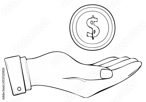 Minimalist line art icon of a hand holding a floating dollar coin for finance, business, and income concepts