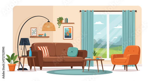 A cozy living room interior featuring a brown sofa and an orange armchair, illuminated by a stylish arc lamp, with a large window offering a view of a scenic landscape