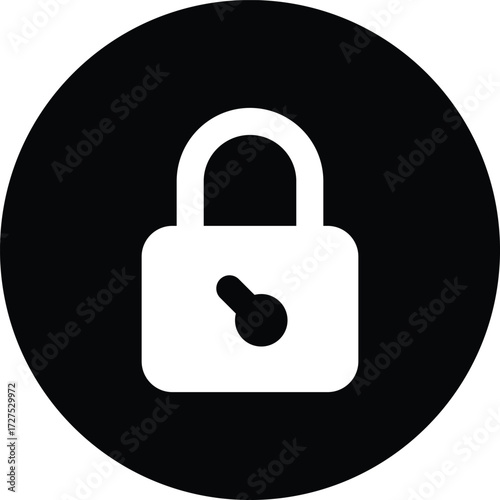 Simple white lock icon inside a black circle graphic symbol representing security and privacy