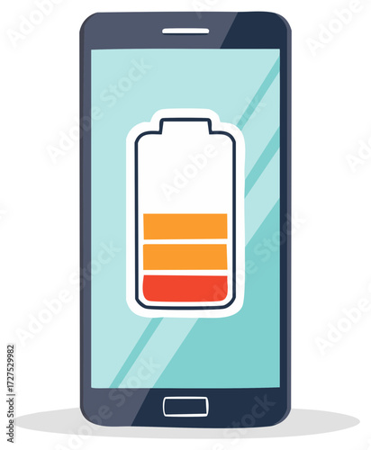 Smartphone display shows a low battery indicator with colorful segments on a light blue screen