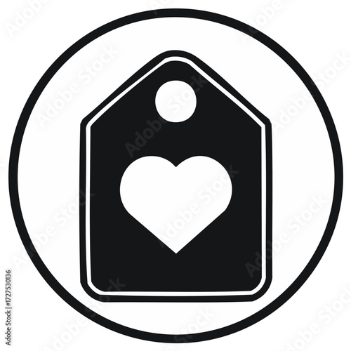 Monochrome Icon of Tag with Heart Shape in a Circle Frame Symbolizes Charity