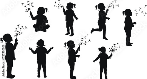Silhouette little girl blowing dandelion, childhood innocence, playing outdoor, summer fun, freedom, nature, happiness, carefree moment, growth, imagination
