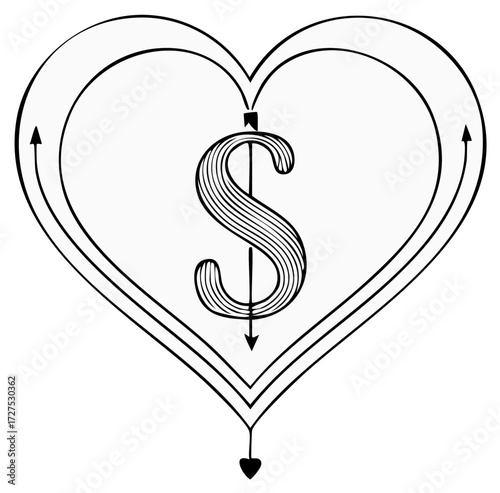 Dollar sign inside heart shape with arrows symbolizing financial love and wealth.