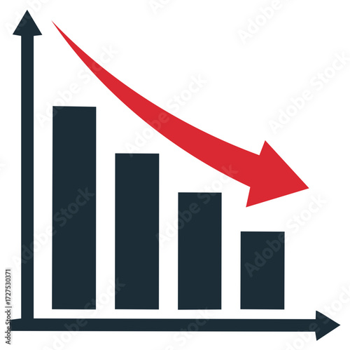 Business chart showing negative trend with red arrow and descending bars