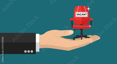 A businessmans hand offers a red office chair with a vacant sign, symbolizing a job opening and recruitment opportunity