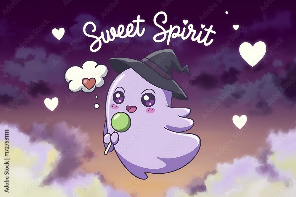 Fototapeta premium Cute purple ghost wearing a witch hat eating a lollipop