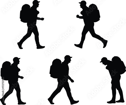 Silhouette man hiking with backpack, trekking outdoor adventure, walking travel journey, mountain expedition exploration, healthy lifestyle activity, camping sport illustration