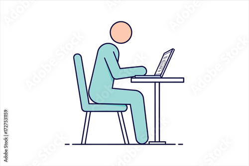 Vector art of a person sitting at a desk using a laptop, representing work, study, or online activity, the figure is a simple illustration