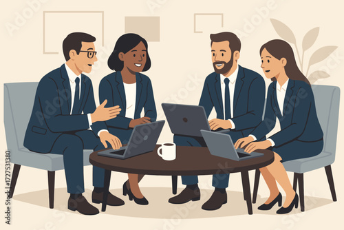 Diverse group of business professionals collaborating and discussing ideas around a table with laptops