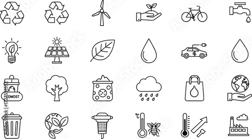 Eco-Friendly and Sustainability Icons for Recycling, Renewable Energy, Water Conservation, Composting, Climate Awareness, Electric Transport, and Green Living