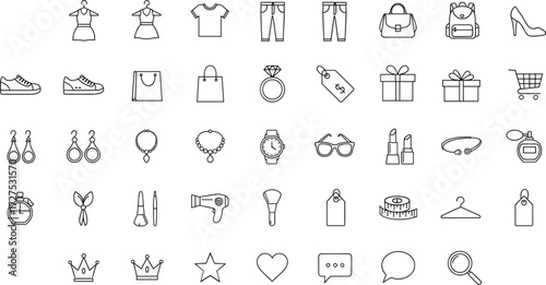 Fashion and Beauty Icons for Clothing, Accessories, Makeup, Shopping, Jewelry, Perfume, Hair Tools, Price Tags, Retail, and Style Elements