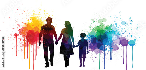 Colorful family silhouette with rainbow paint splashes, unity and diversity theme, creative bonding concept, vibrant vector illustration